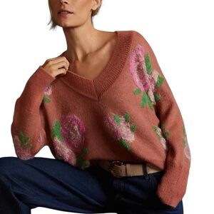 Anthropologie Rust Floral V-Neck Sweater with Pink & Green Accents